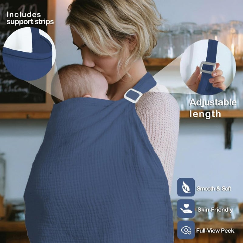 MUGVELL Muslin Nursing Covers for Breastfeeding, Arch Neckline Breast Feeding Covers for Women, Moms Privacy Breathable Summer Nursing Apron, 43.3" x 25.6" Soft Feeding Cover (Navy Blue) - Image 4